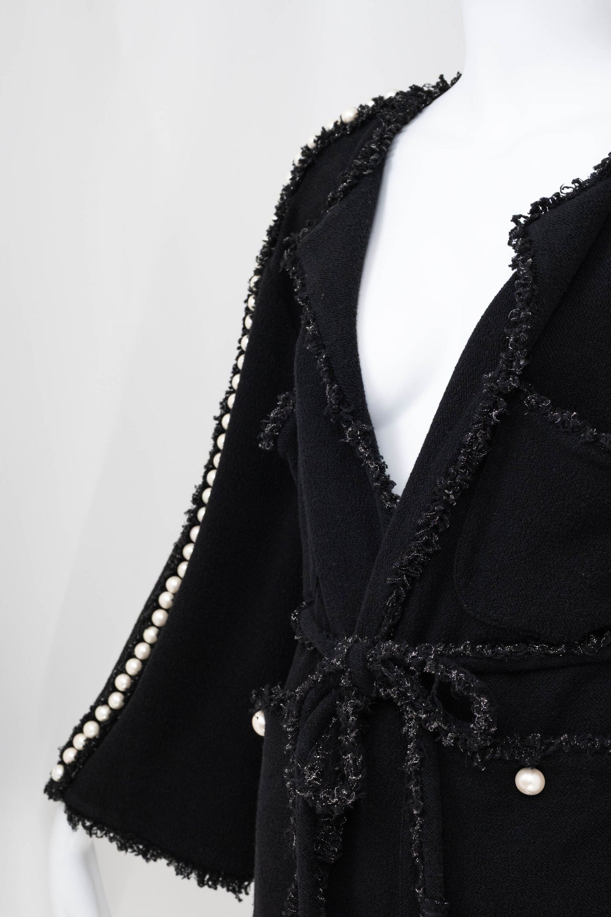 Chanel Black Boucle With Fringe and Pearls Trim Jacket 3/4 Length 2011P Size 42