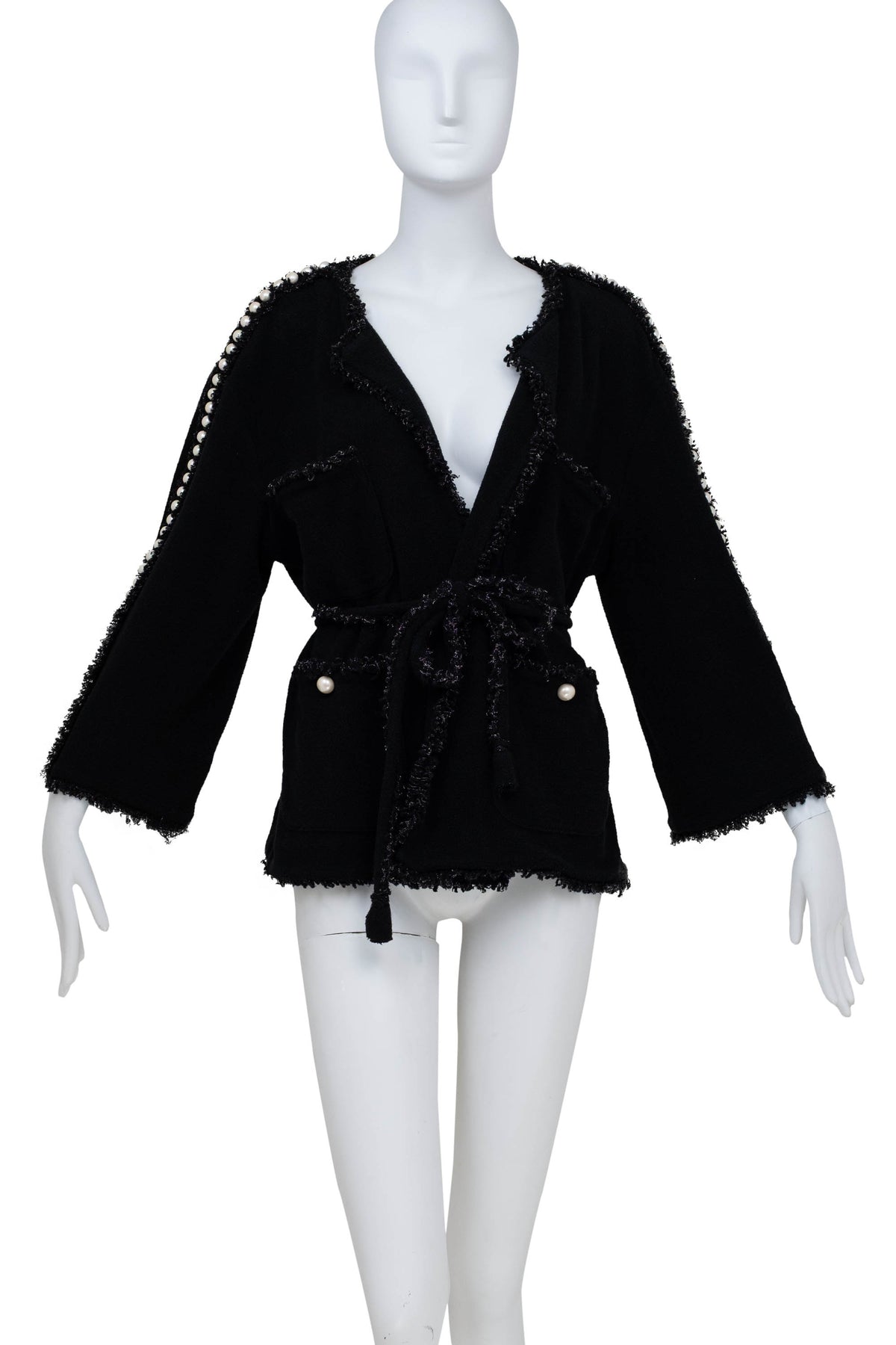 Chanel Black Boucle With Fringe and Pearls Trim Jacket 3/4 Length 2011P Size 42