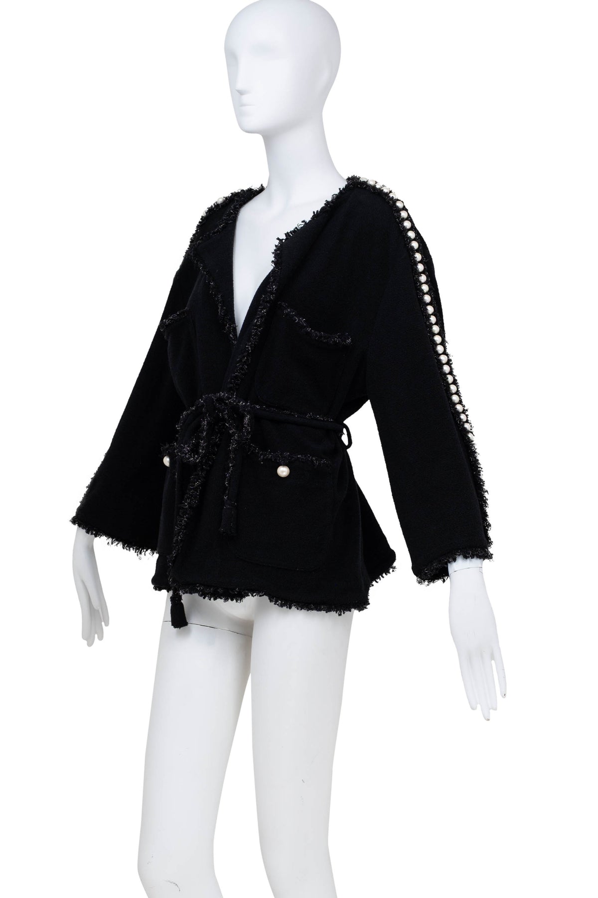 Chanel Black Boucle With Fringe and Pearls Trim Jacket 3/4 Length 2011P Size 42