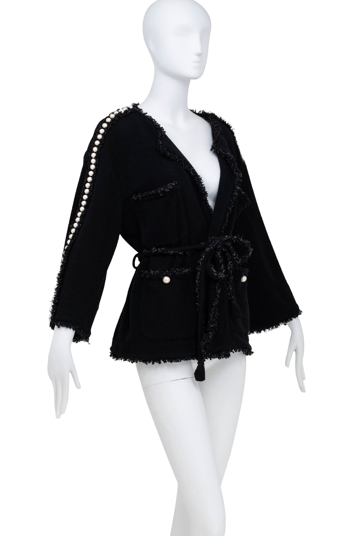 Chanel Black Boucle With Fringe and Pearls Trim Jacket 3/4 Length 2011P Size 42