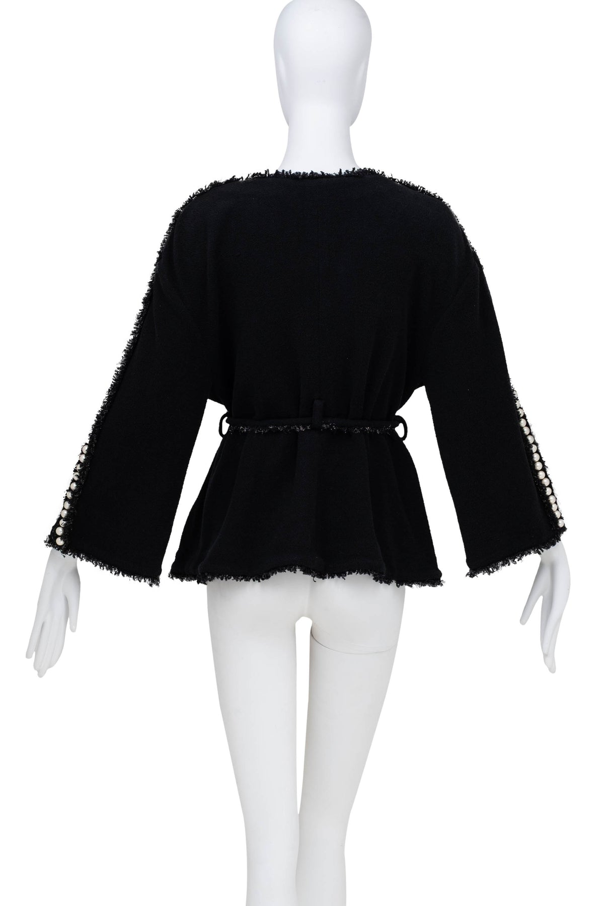Chanel Black Boucle With Fringe and Pearls Trim Jacket 3/4 Length 2011P Size 42