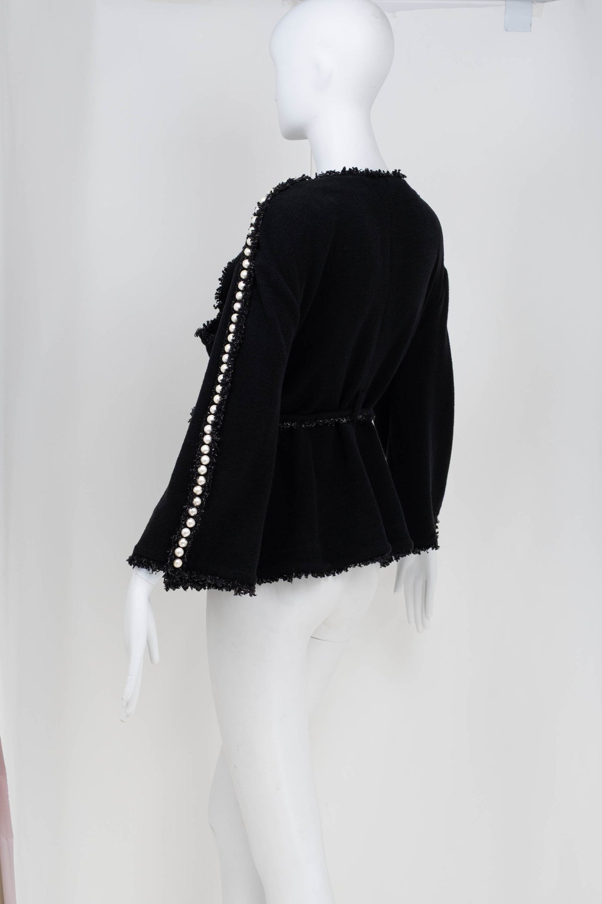 Chanel Black Boucle With Fringe and Pearls Trim Jacket 3/4 Length 2011P Size 42