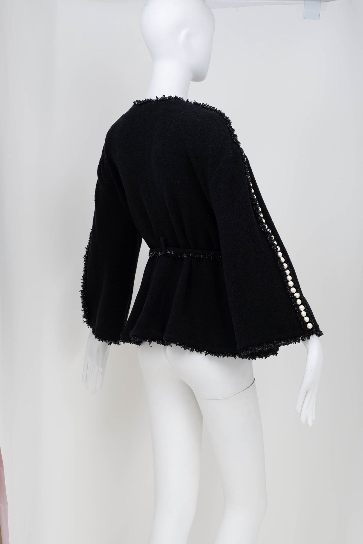 Chanel Black Boucle With Fringe and Pearls Trim Jacket 3/4 Length 2011P Size 42