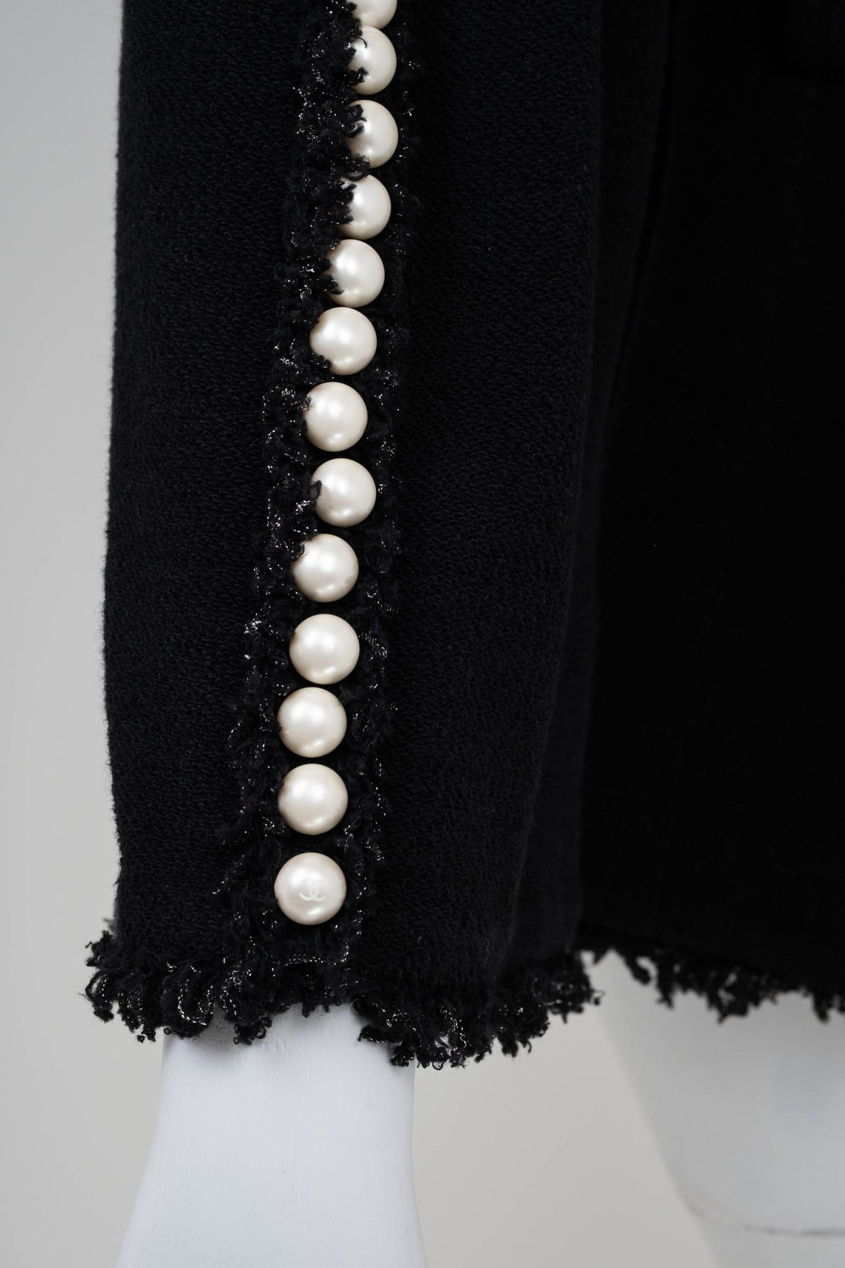 Chanel Black Boucle With Fringe and Pearls Trim Jacket 3/4 Length 2011P Size 42