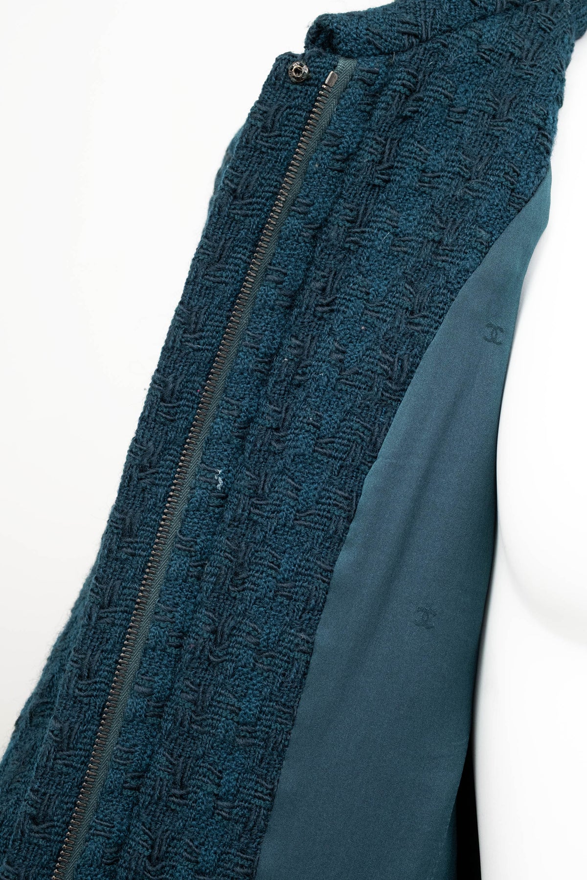 Chanel Teal Green Boucle Zip Jacket Pleated Skirt Suit Size 38