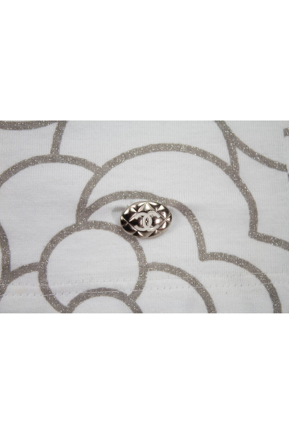 Chanel White Tee Shirt with Silver Glitter Camilla Print 2017 Size 36