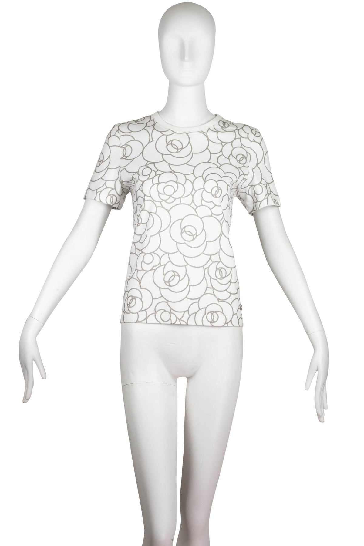 Chanel White Tee Shirt with Silver Glitter Camilla Print 2017 Size 36