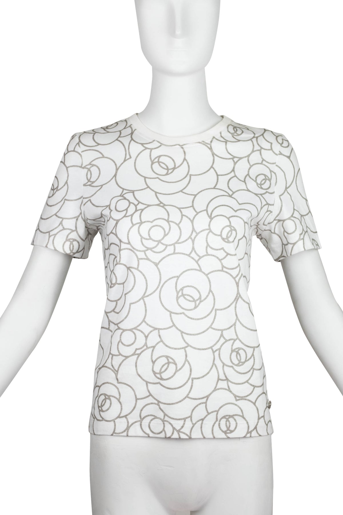 Chanel White Tee Shirt with Silver Glitter Camilla Print 2017 Size 36