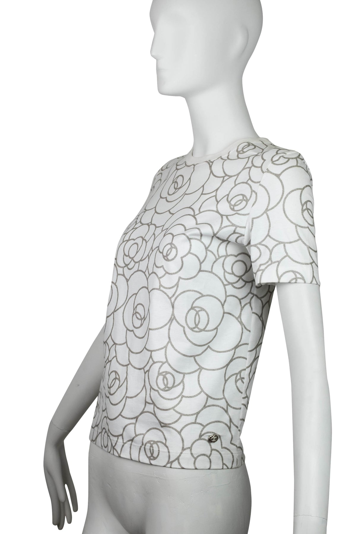 Chanel White Tee Shirt with Silver Glitter Camilla Print 2017 Size 36