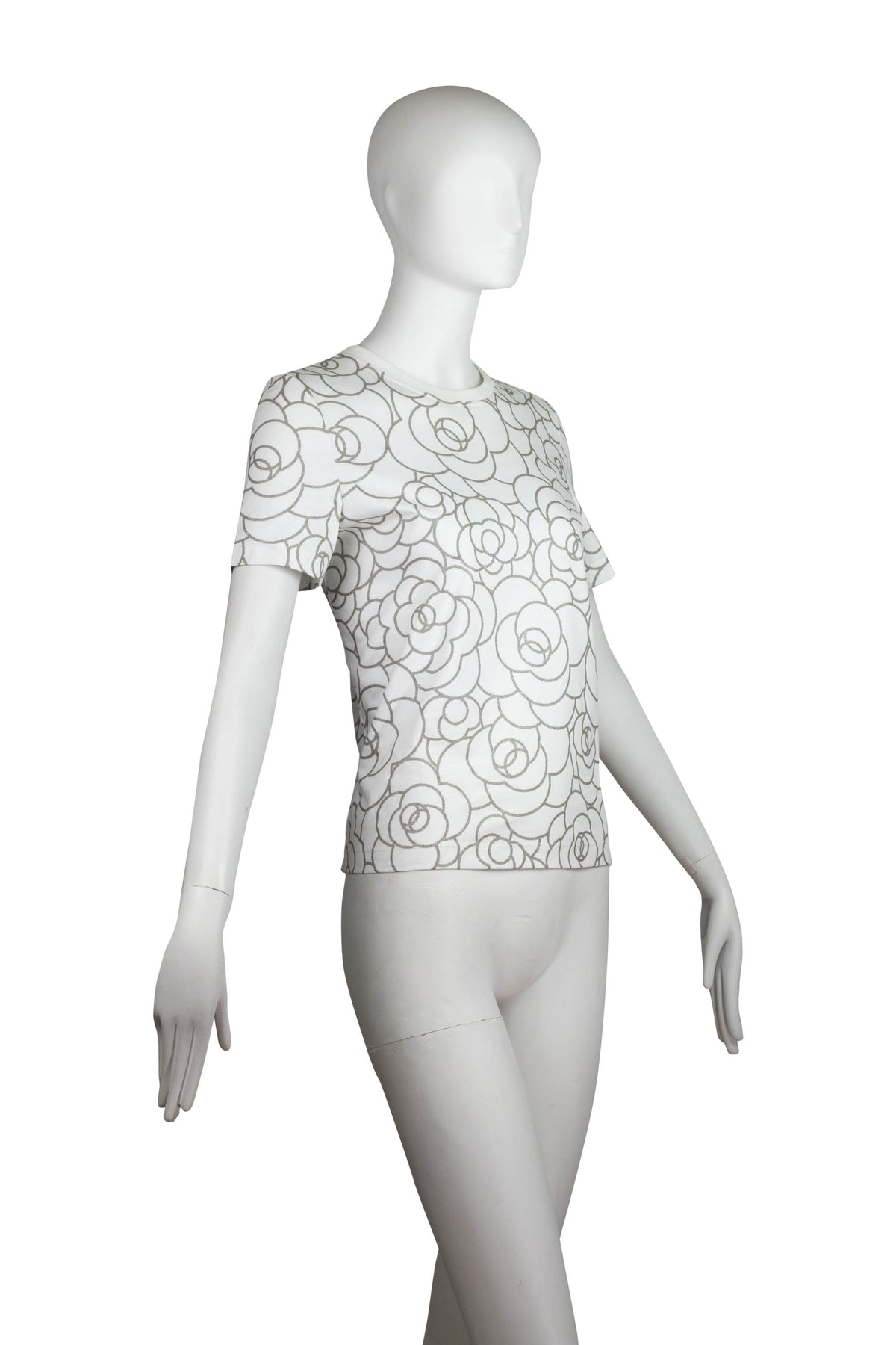 Chanel White Tee Shirt with Silver Glitter Camilla Print 2017 Size 36