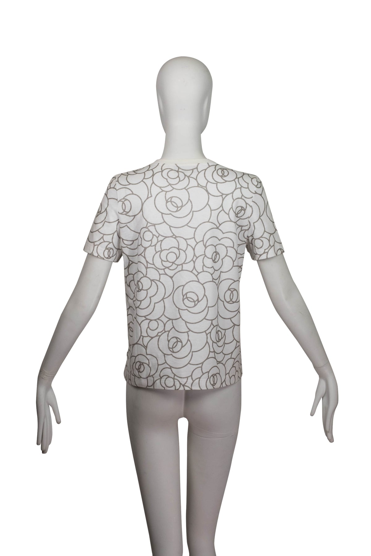 Chanel White Tee Shirt with Silver Glitter Camilla Print 2017 Size 36