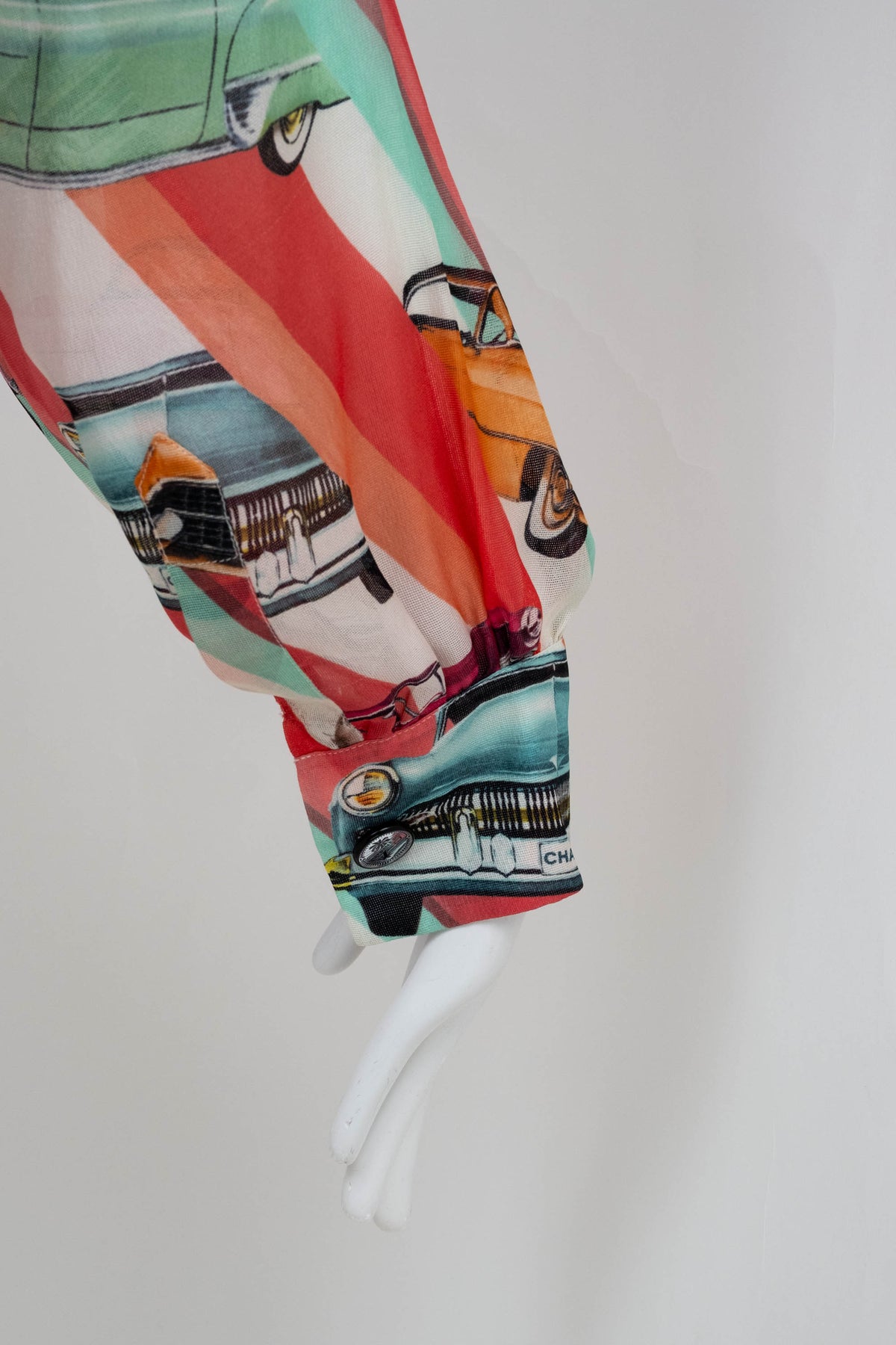 Chanel Coral Coco Cuba Car Pattern Silk Blouse Size M