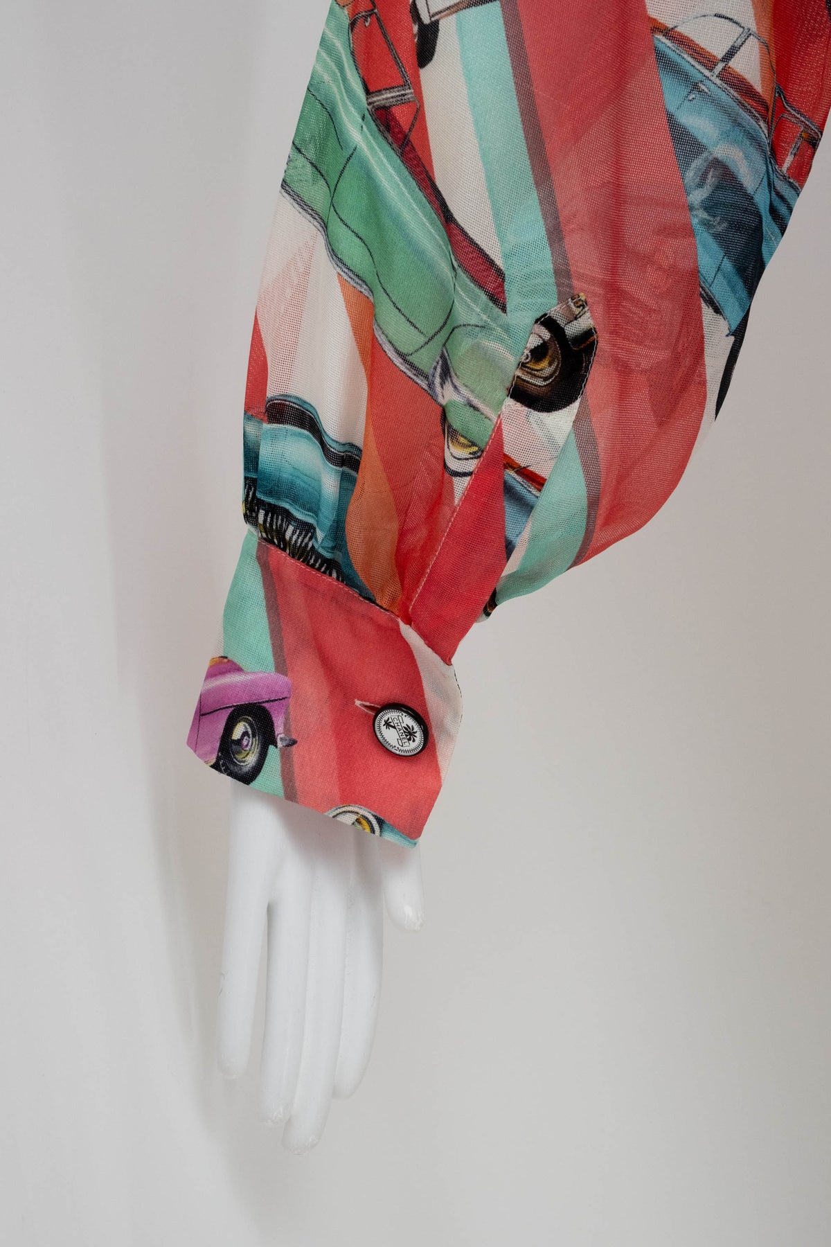 Chanel Coral Coco Cuba Car Pattern Silk Blouse Size M