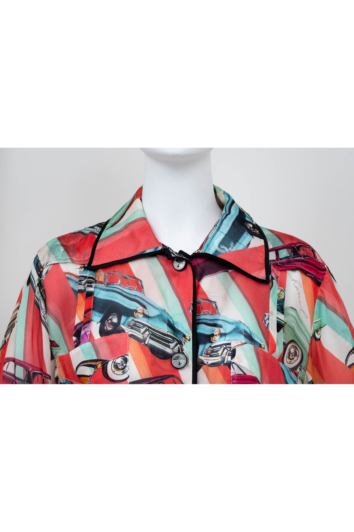 Chanel Coral Coco Cuba Car Pattern Silk Blouse Size M