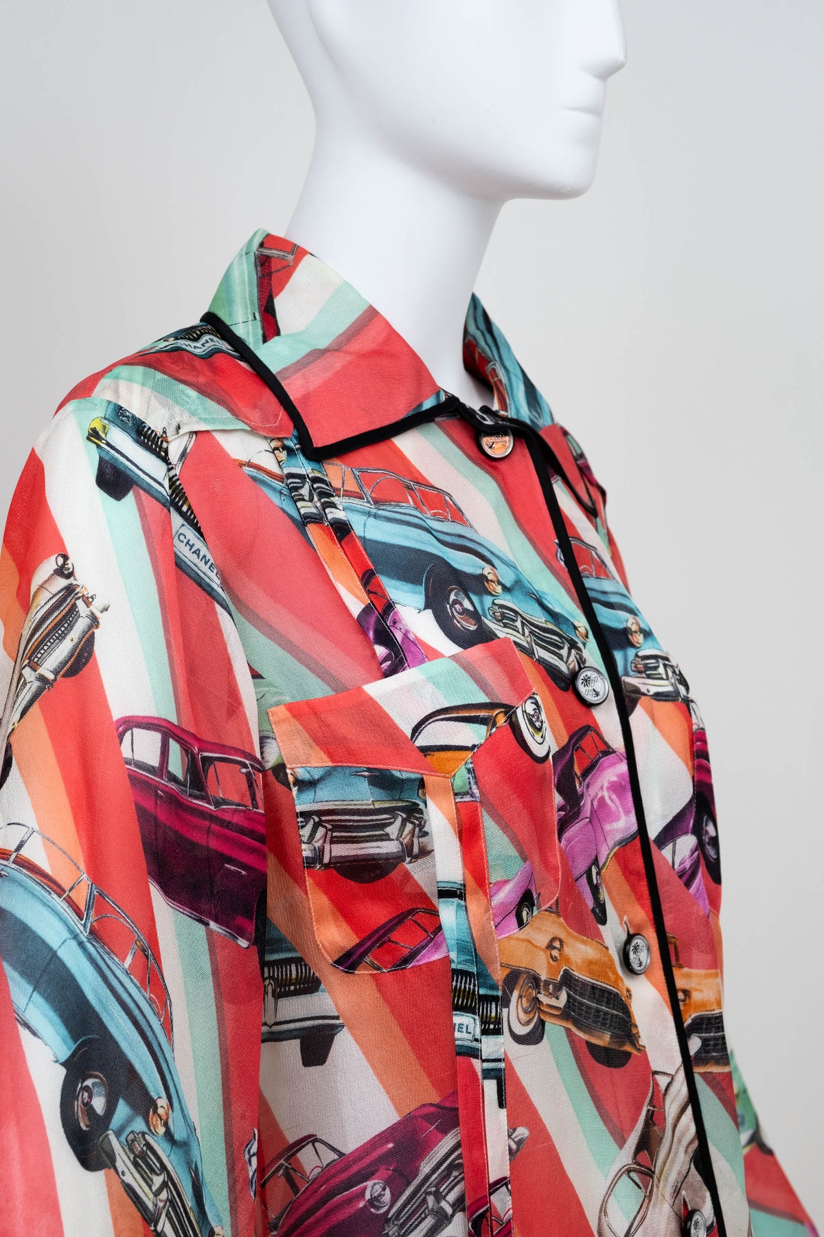 Chanel Coral Coco Cuba Car Pattern Silk Blouse Size M