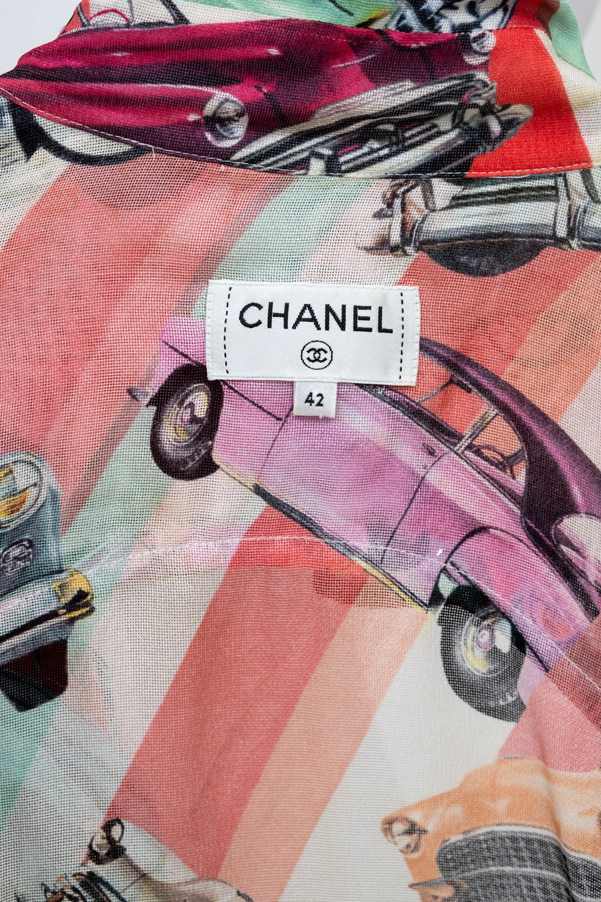 Chanel Coral Coco Cuba Car Pattern Silk Blouse Size M