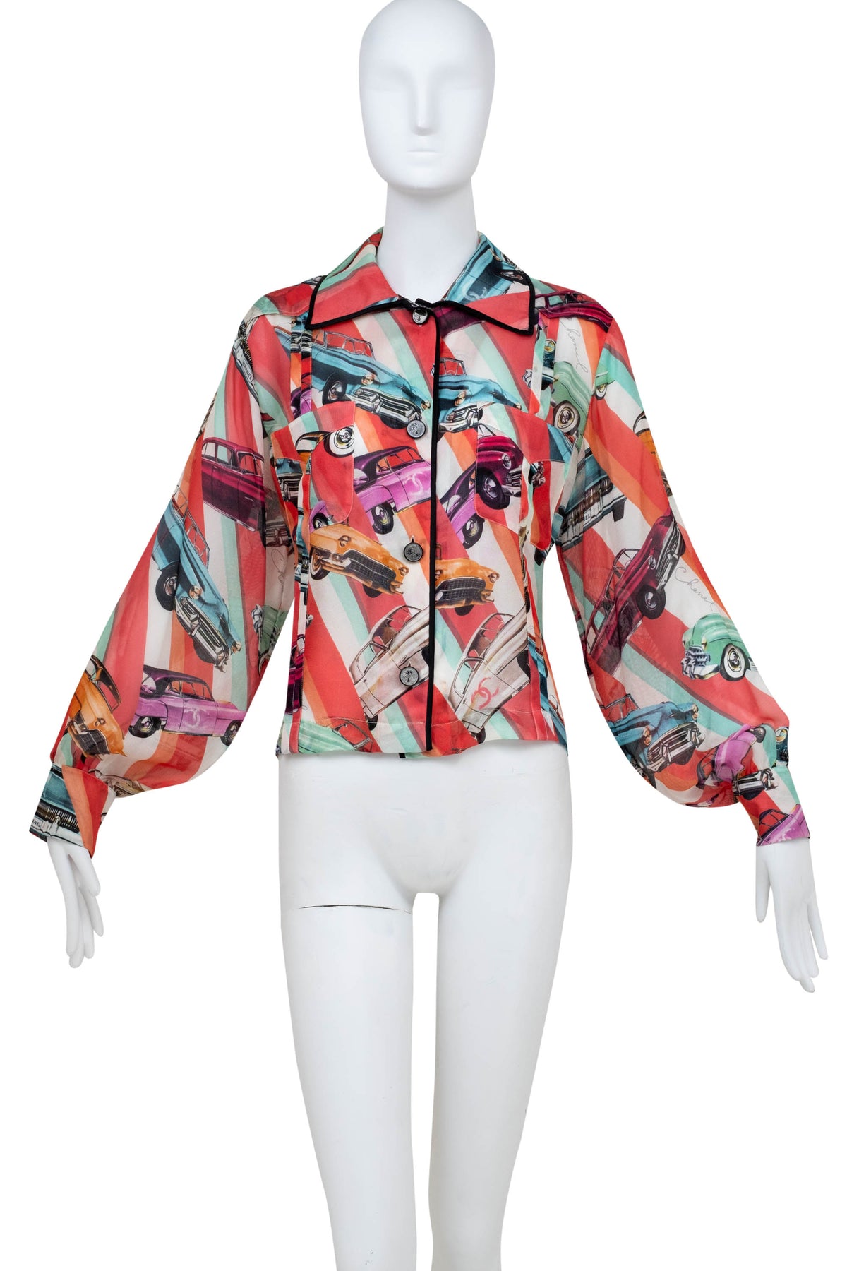Chanel Coral Coco Cuba Car Pattern Silk Blouse Size M