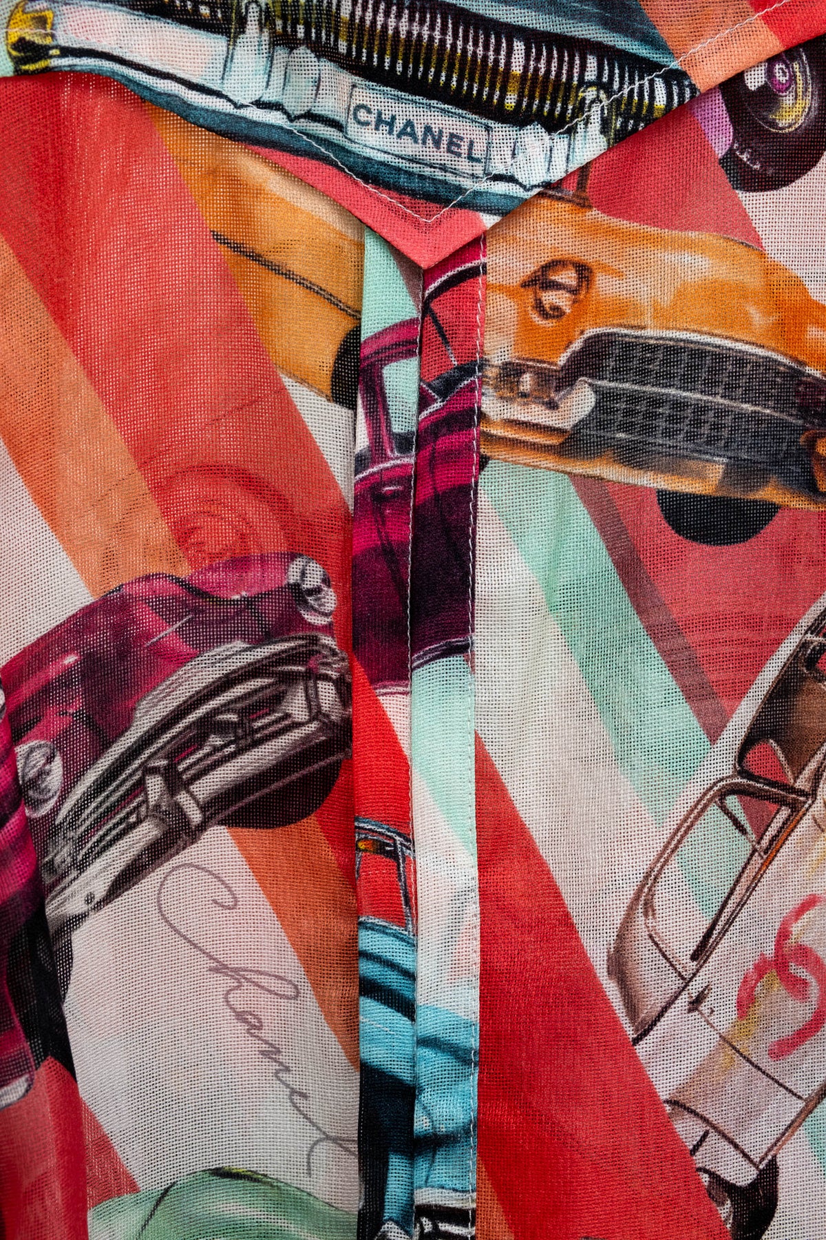 Chanel Coral Coco Cuba Car Pattern Silk Blouse Size M