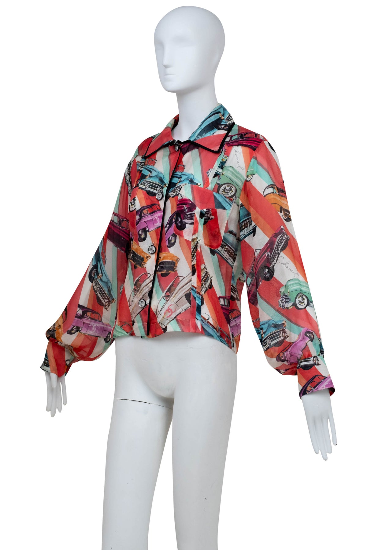 Chanel Coral Coco Cuba Car Pattern Silk Blouse Size M