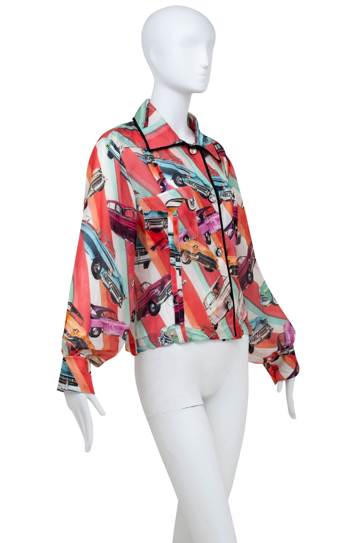 Chanel Coral Coco Cuba Car Pattern Silk Blouse Size M