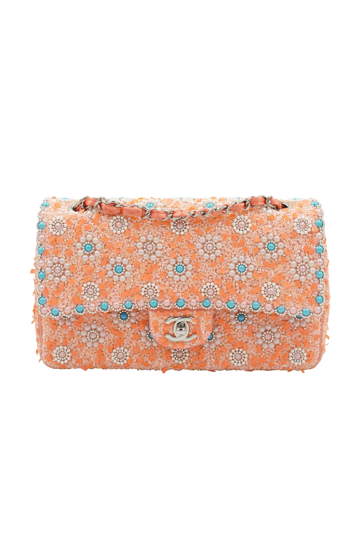 Chanel Coral Tweed Pearl Turquoise Embellished Double Flap Purse Medium 2014