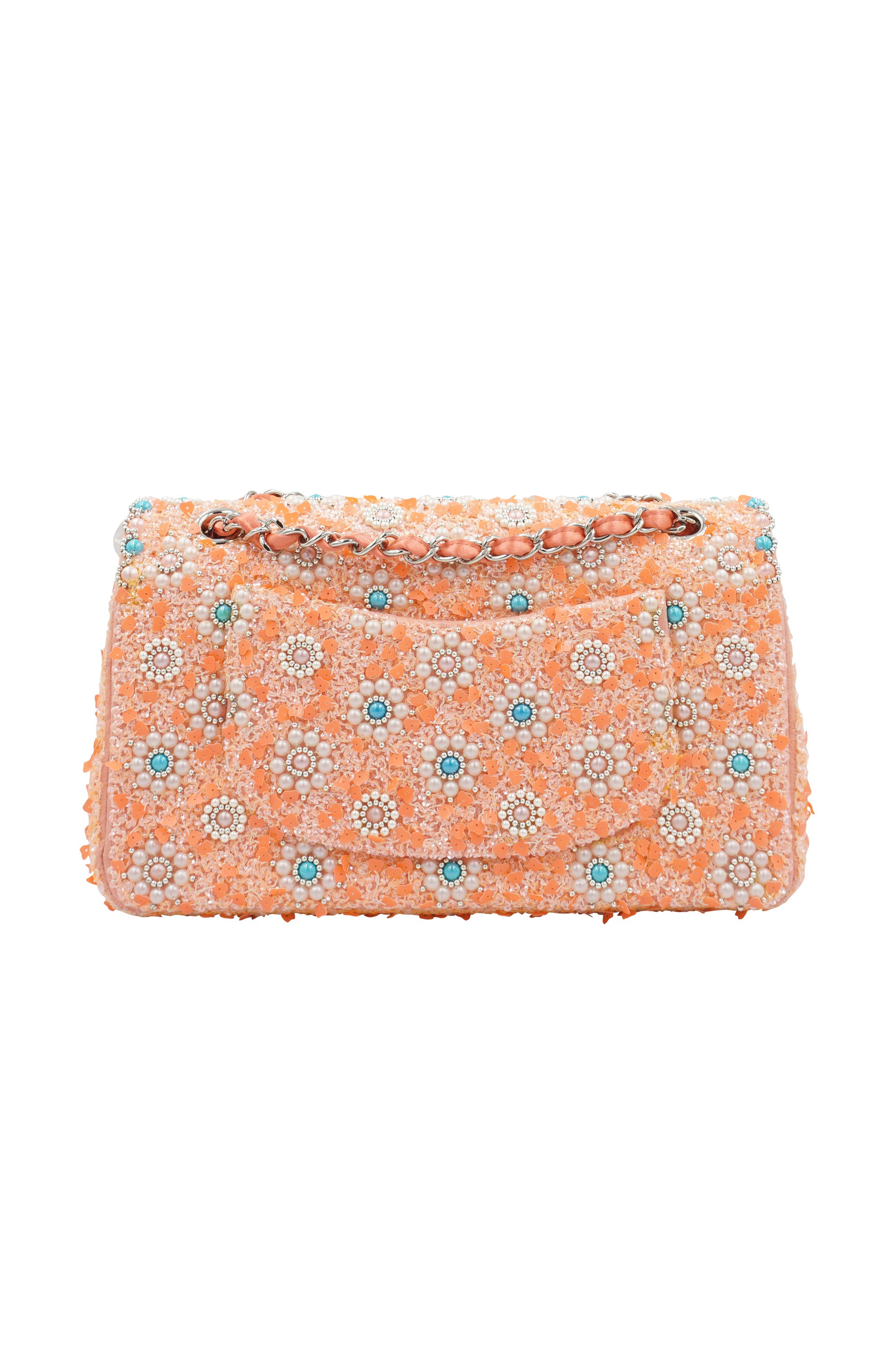 Chanel Coral Tweed Pearl Turquoise Embellished Double Flap Purse