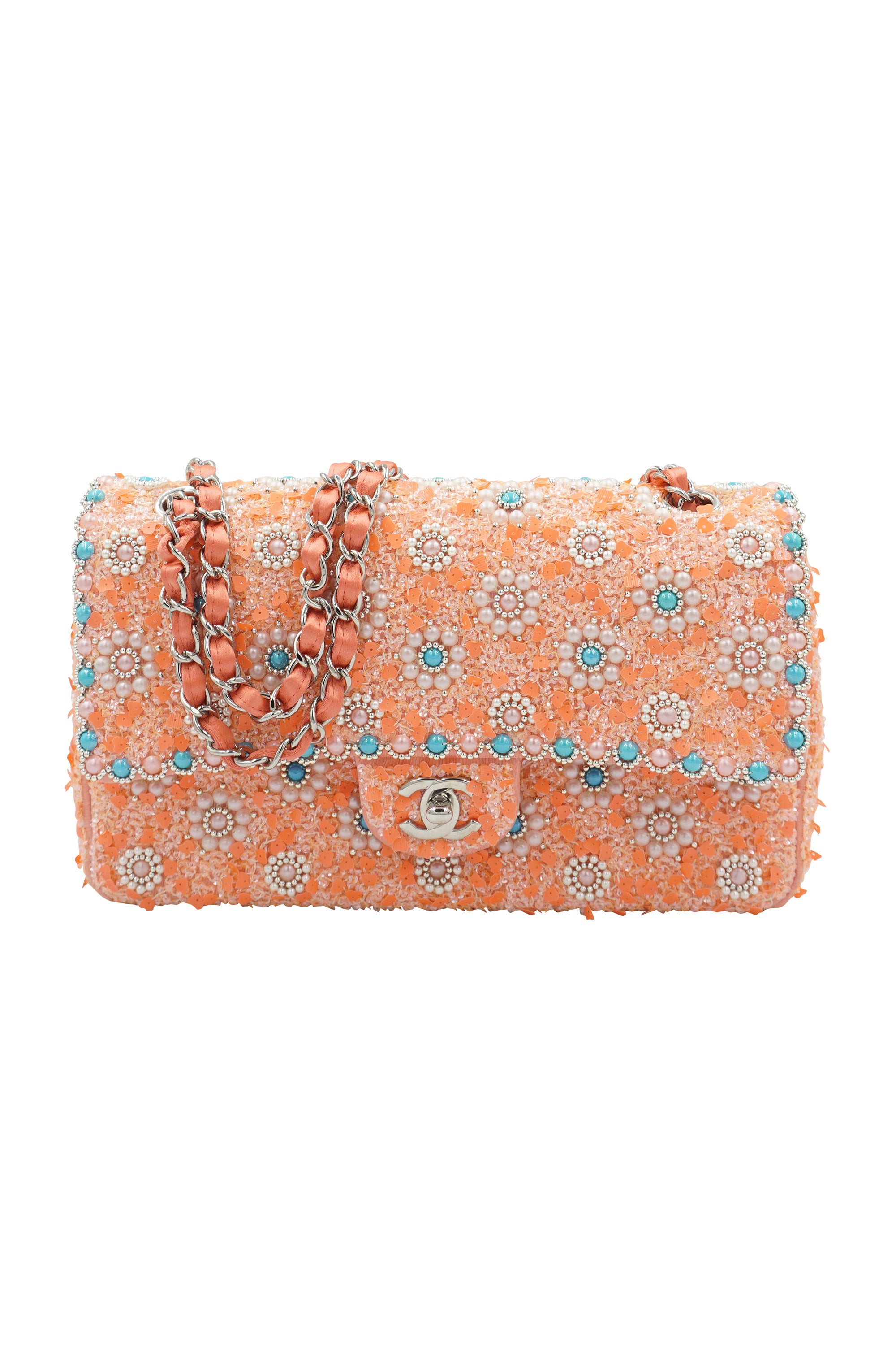 Chanel Coral Tweed Pearl Turquoise Embellished Double Flap Purse