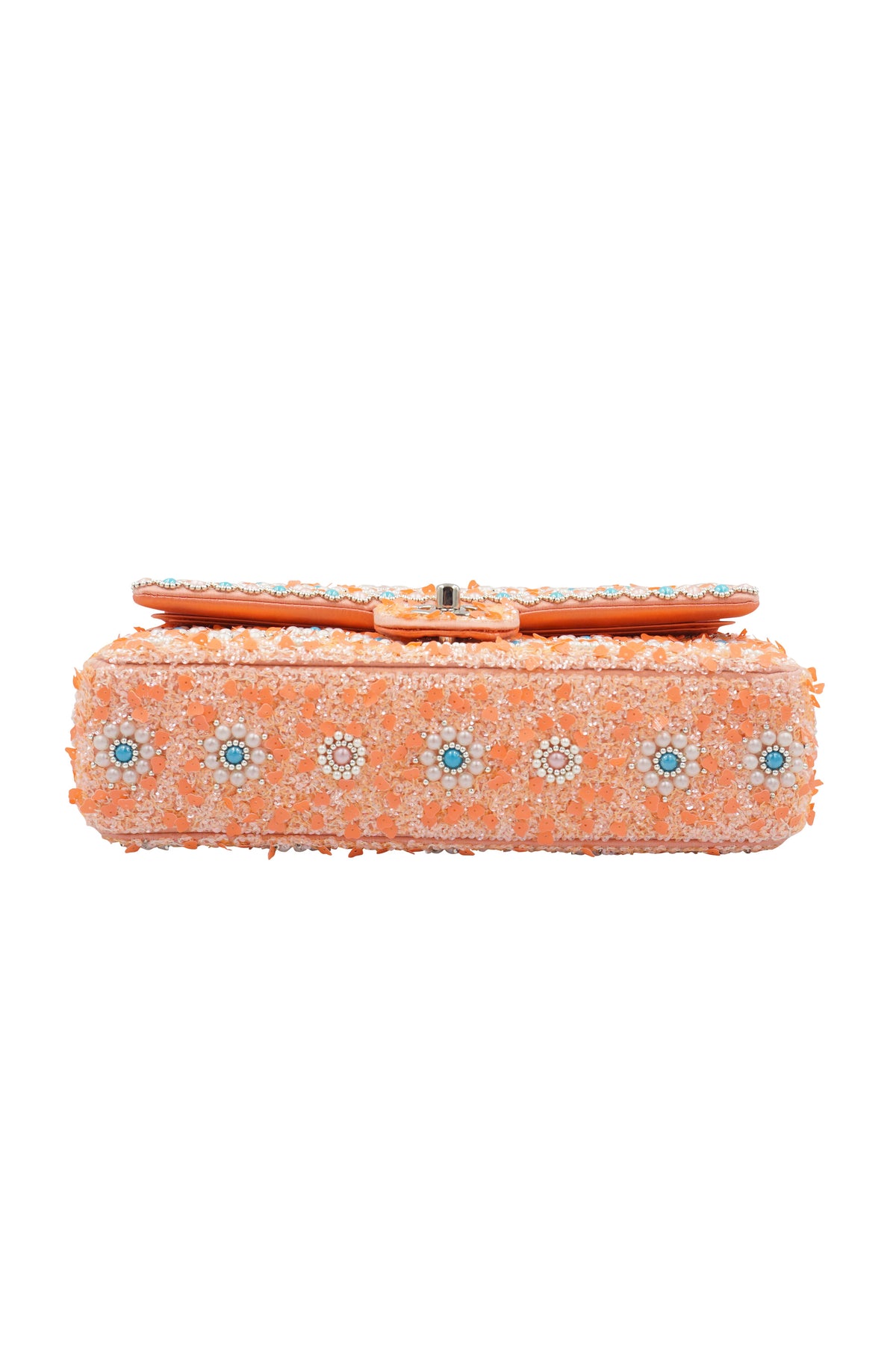 Chanel Coral Tweed Pearl Turquoise Embellished Double Flap Purse Medium 2014
