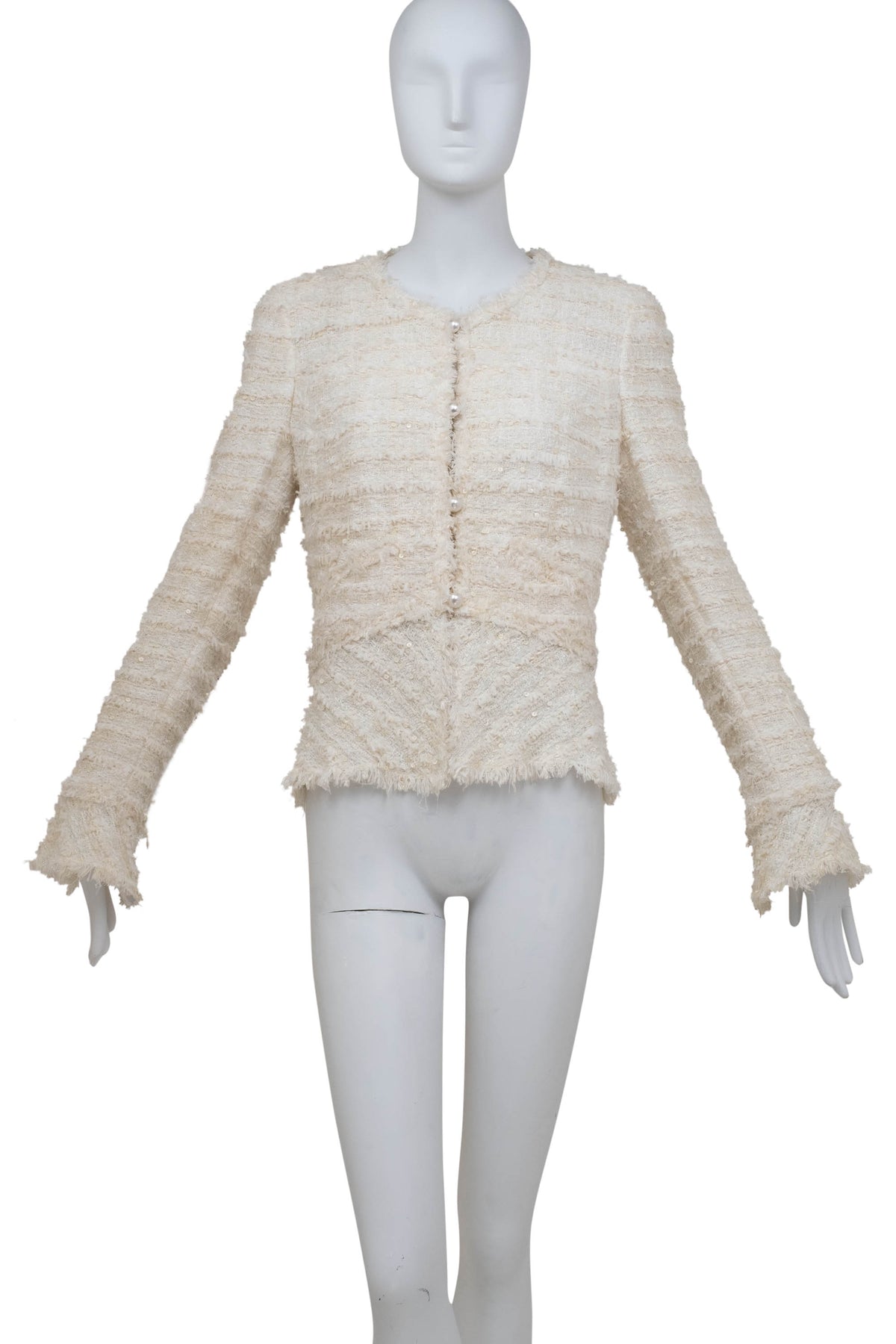Chanel White Boucle Fantasy Tweed with Pearl Buttons Jacket Size 44/8 2005