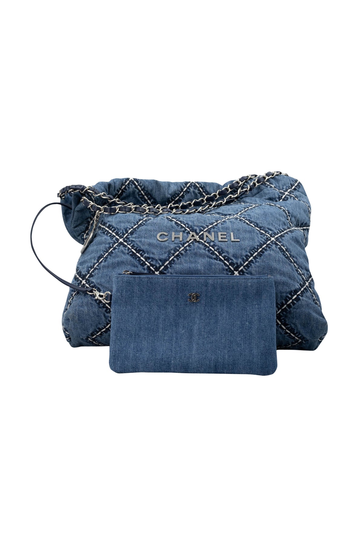 Chanel Denim 22 Hobo Bag With Contrast Stitching 24P