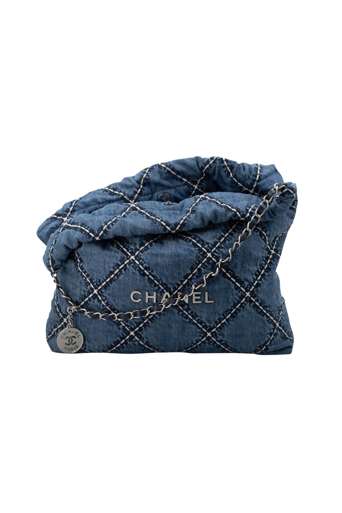 Chanel Denim 22 Hobo Bag With Contrast Stitching 24P