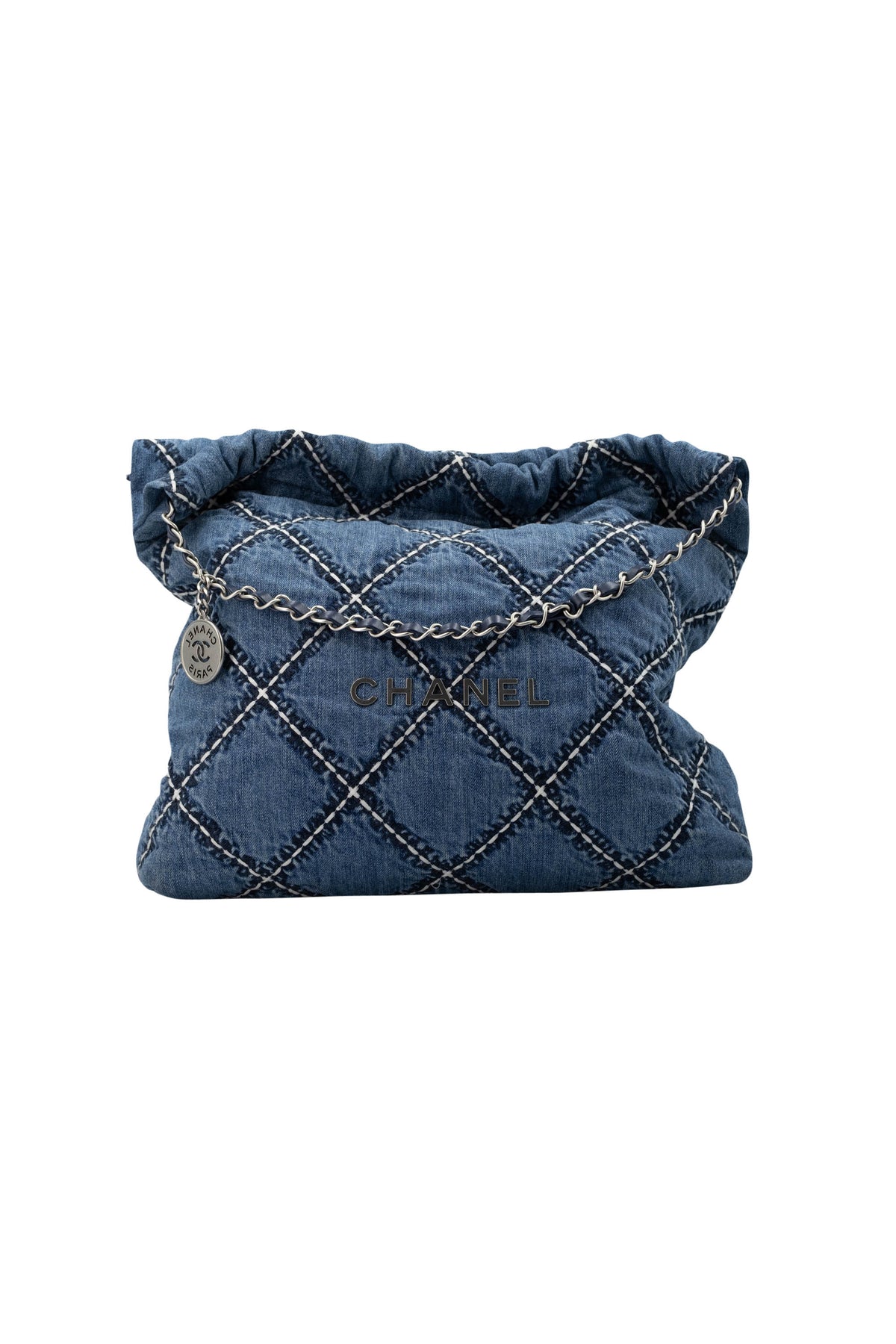 Chanel Denim 22 Hobo Bag With Contrast Stitching 24P