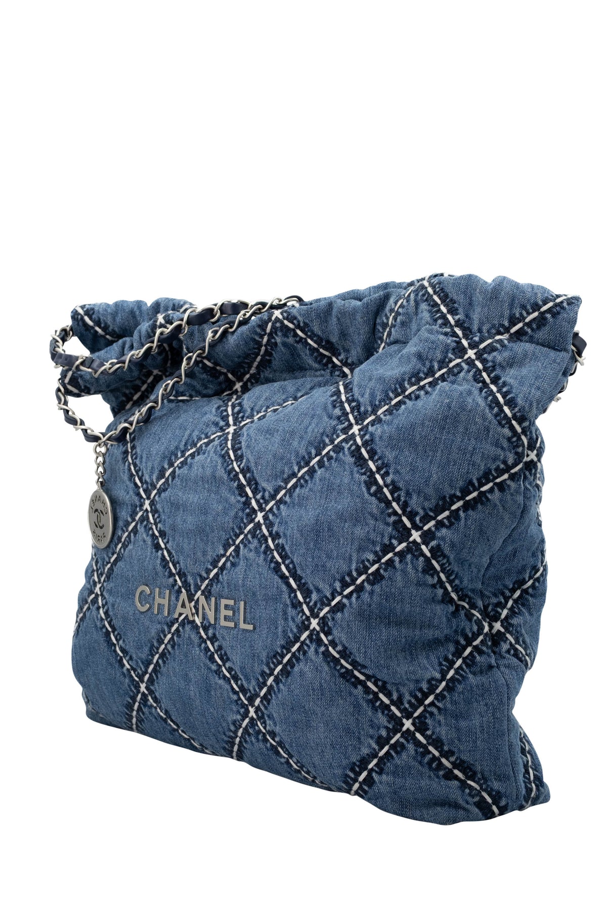 Chanel Denim 22 Hobo Bag With Contrast Stitching 24P
