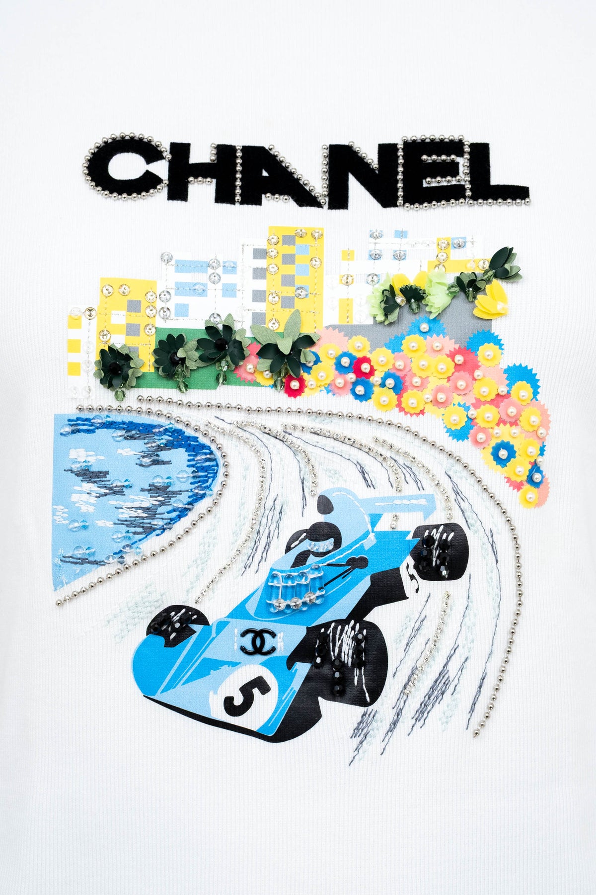 Chanel White Formula 1 Embellished Blue Car Ribbed Tee Shirt