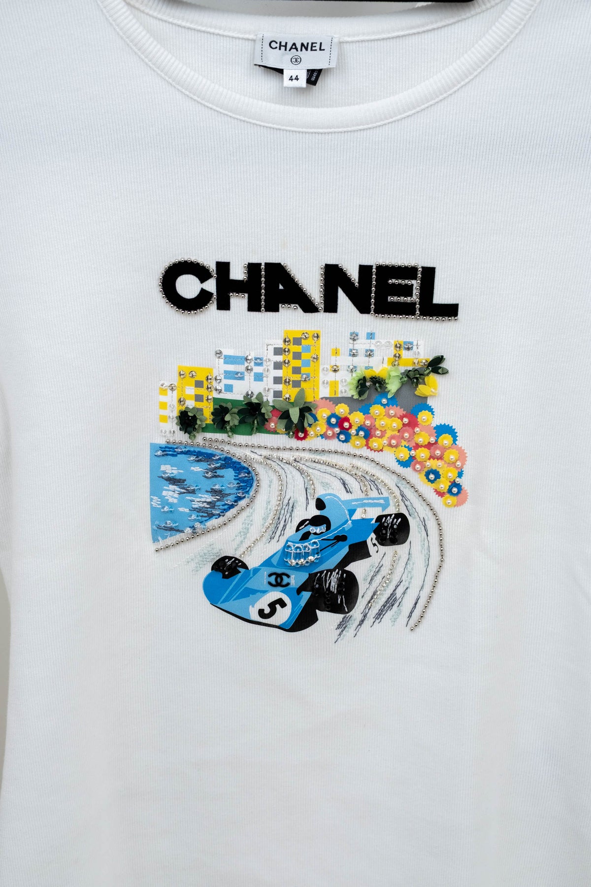 Chanel White Formula 1 Embellished Blue Car Ribbed Tee Shirt