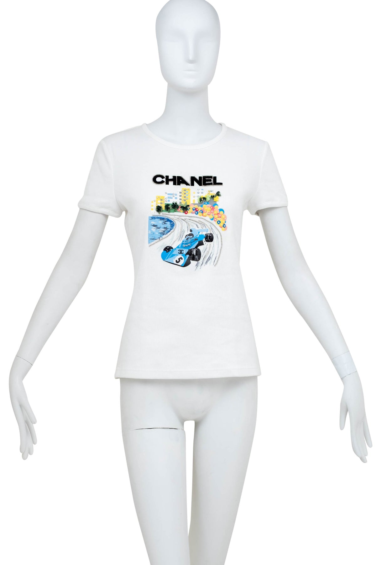 Chanel White Formula 1 Embellished Blue Car Ribbed Tee Shirt