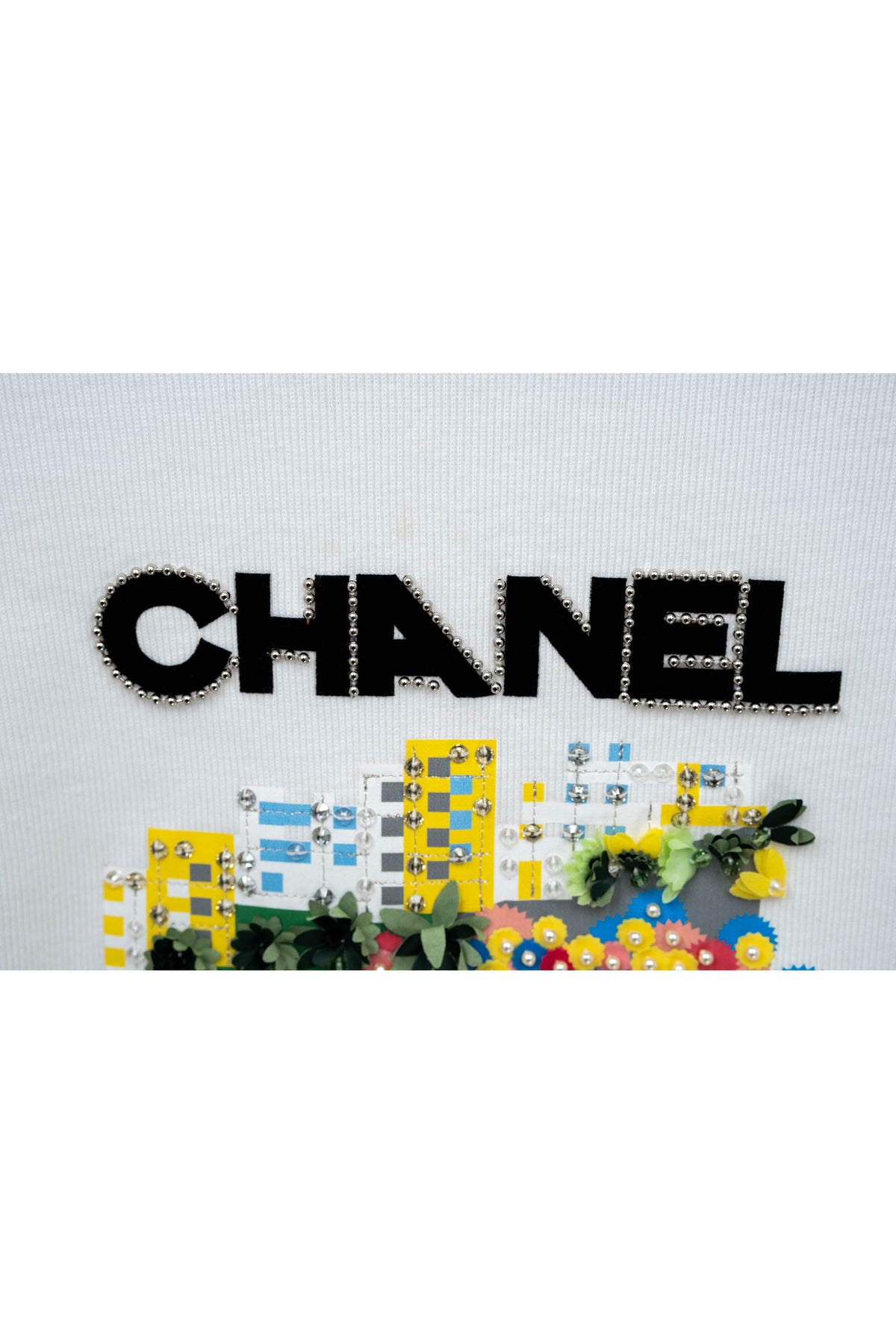 Chanel White Formula 1 Embellished Blue Car Ribbed Tee Shirt