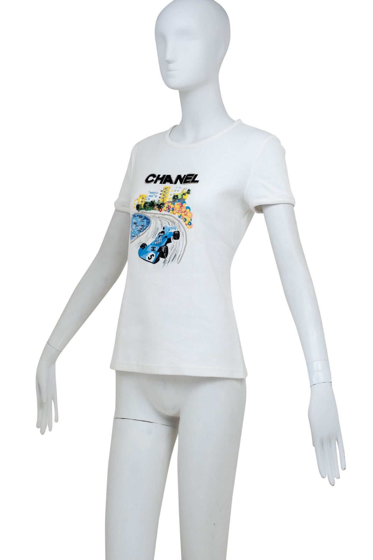 Chanel White Formula 1 Embellished Blue Car Ribbed Tee Shirt