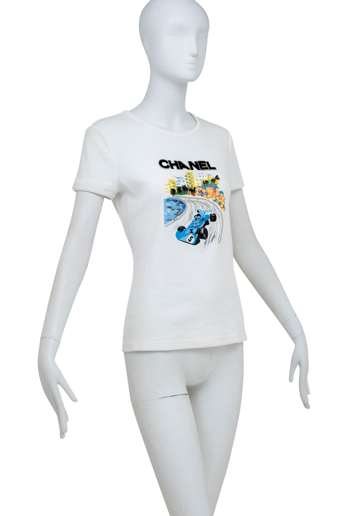 Chanel White Formula 1 Embellished Blue Car Ribbed Tee Shirt