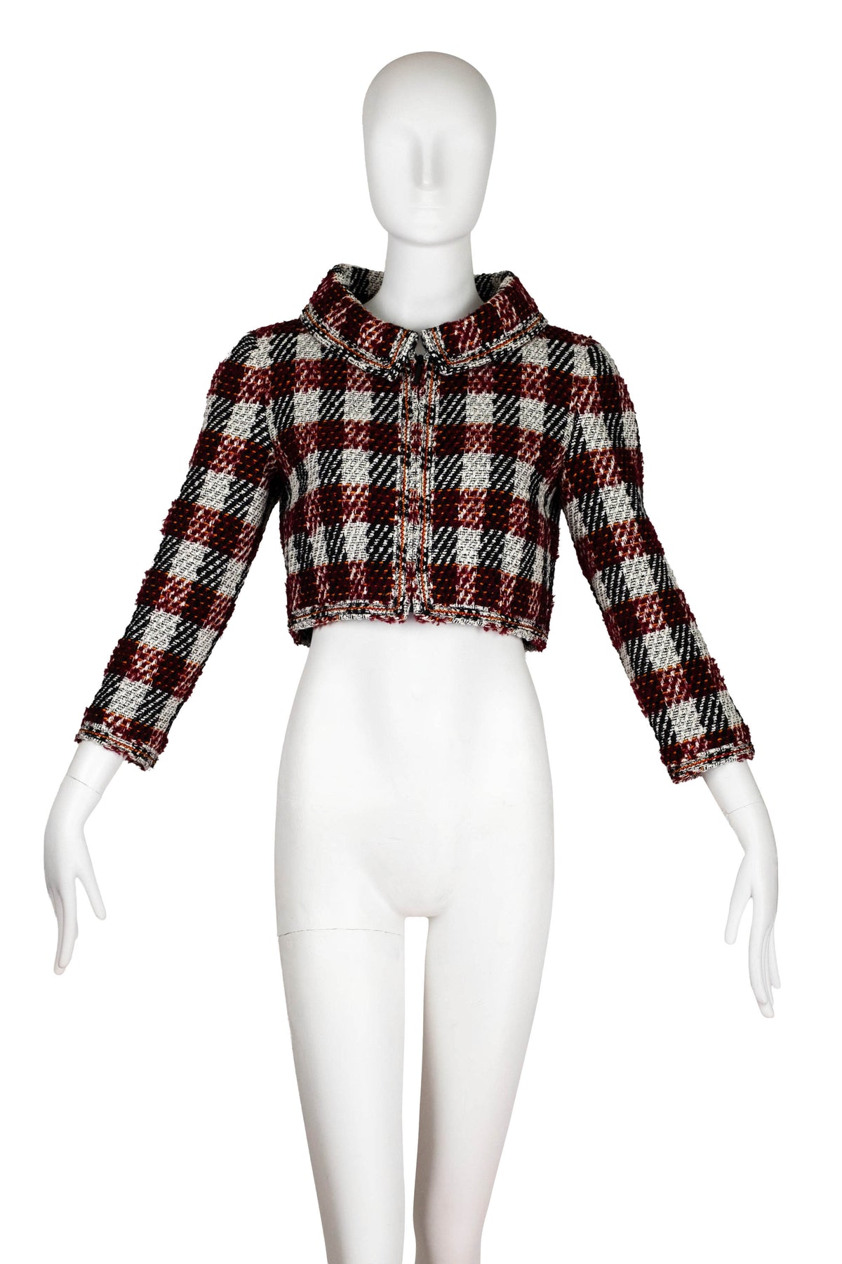 Chanel Maroon Plaid Cropped Jacket Size 38 2016