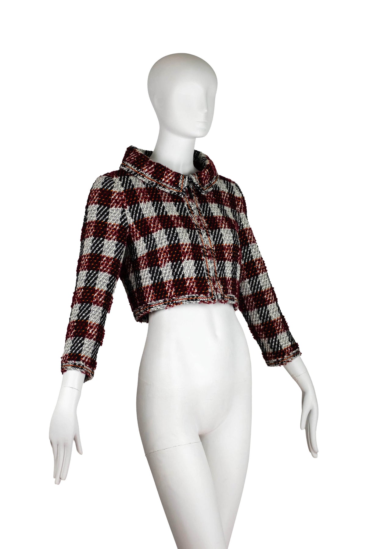 Chanel Maroon Plaid Cropped Jacket Size 38 2016