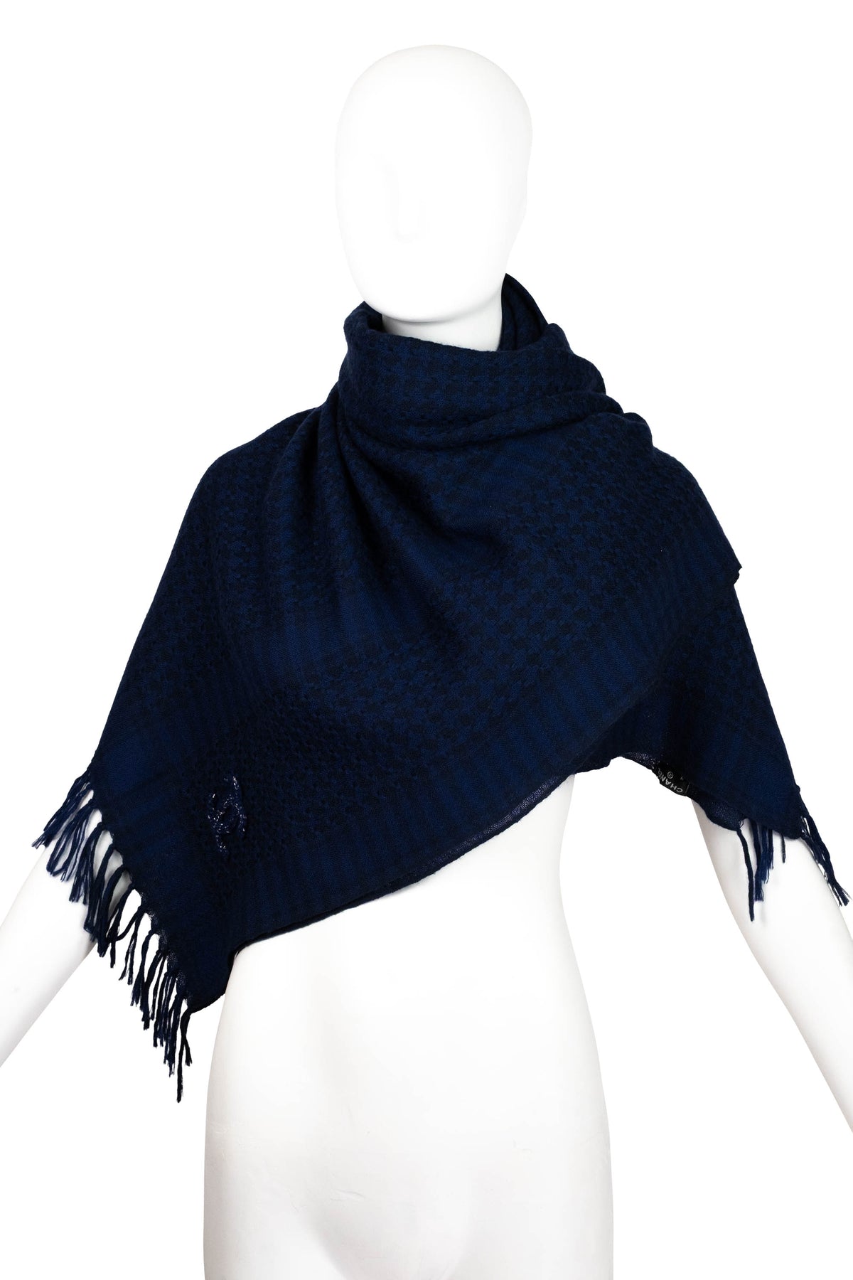 Chanel Navy Blue Cashmere Fringed Oblong Scarf