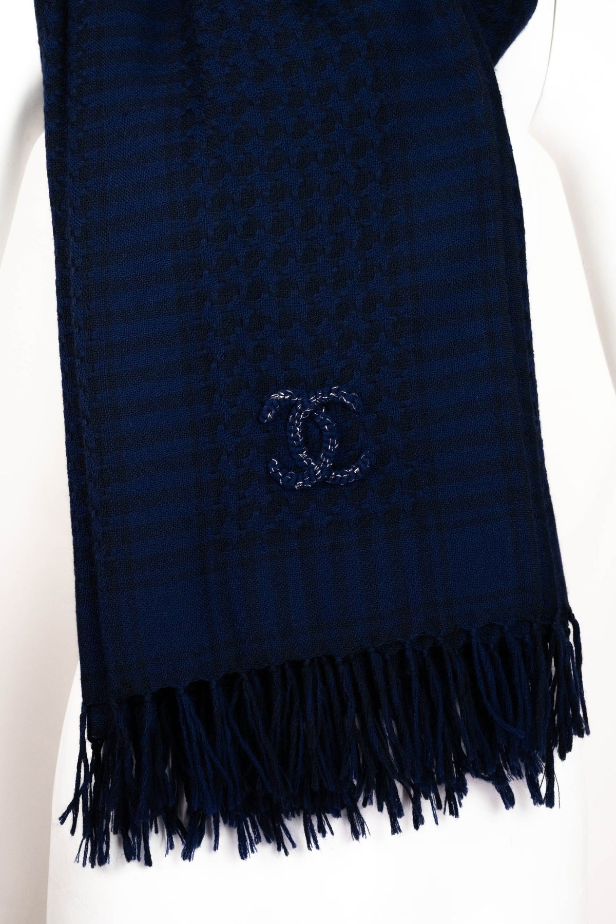 Chanel Navy Blue Cashmere Fringed Oblong Scarf