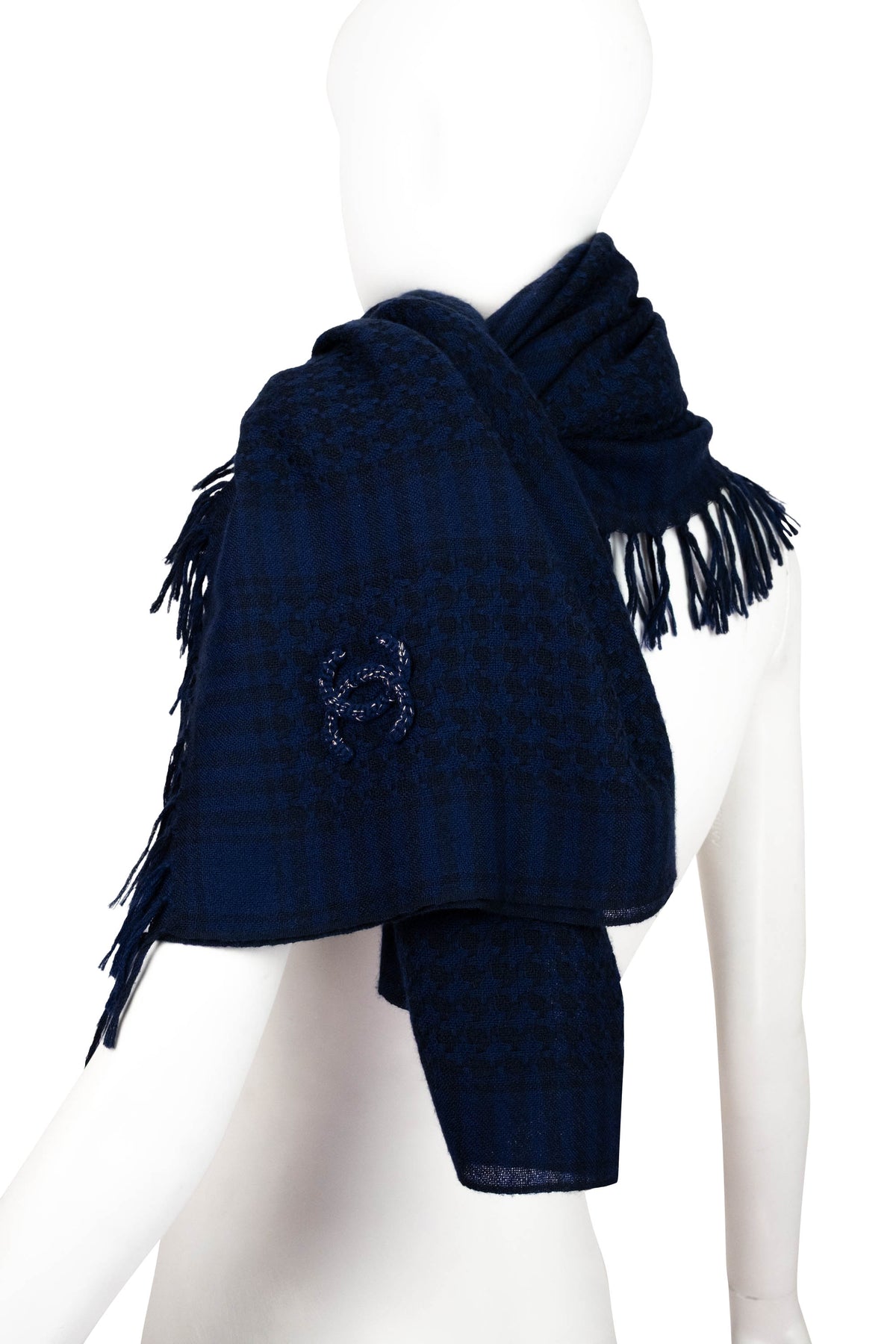 Chanel Navy Blue Cashmere Fringed Oblong Scarf