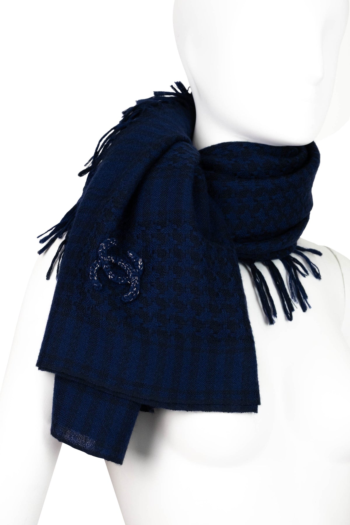 Chanel Navy Blue Cashmere Fringed Oblong Scarf