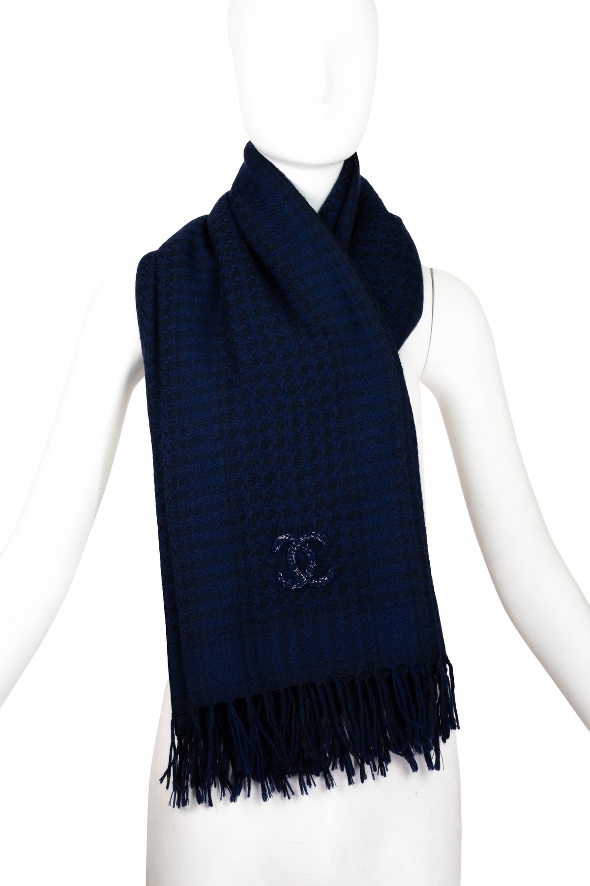 Chanel Navy Blue Cashmere Fringed Oblong Scarf