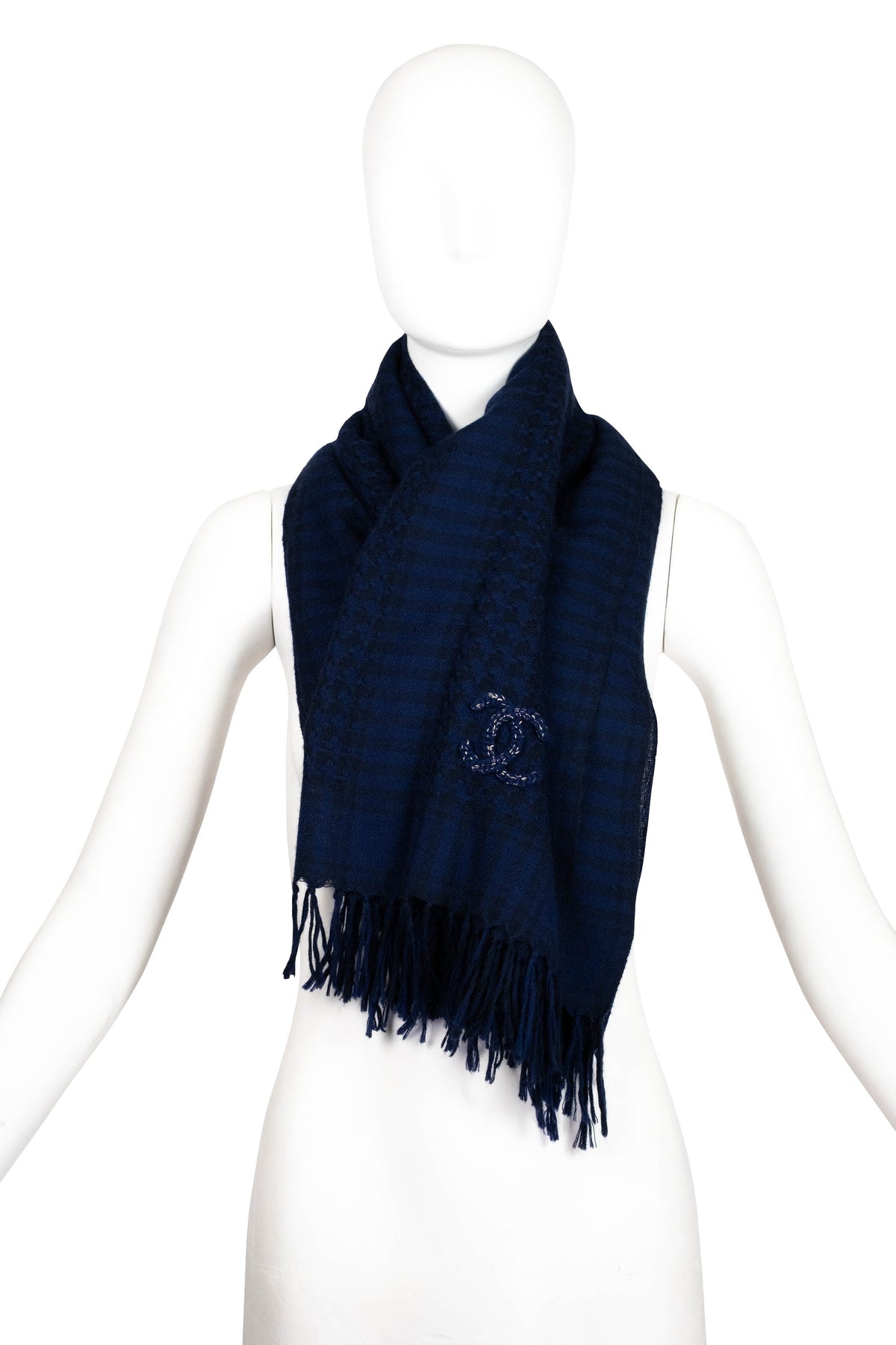 Chanel Navy Blue Cashmere Fringed Oblong Scarf