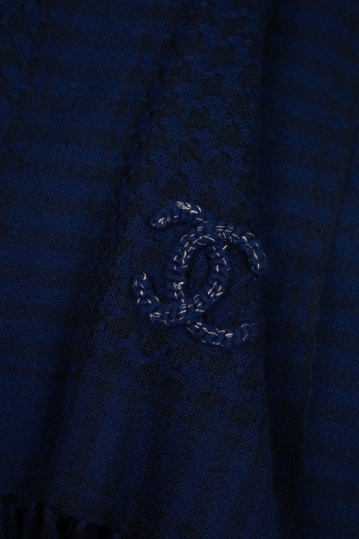 Chanel Navy Blue Cashmere Fringed Oblong Scarf