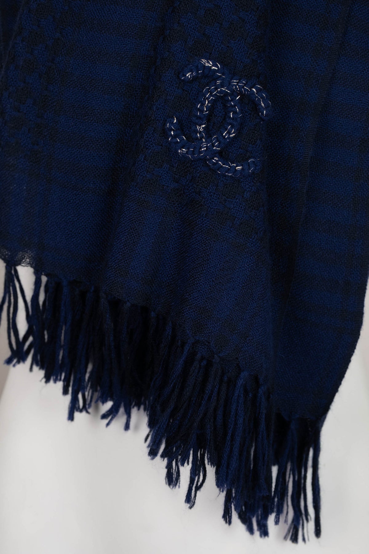 Chanel Navy Blue Cashmere Fringed Oblong Scarf