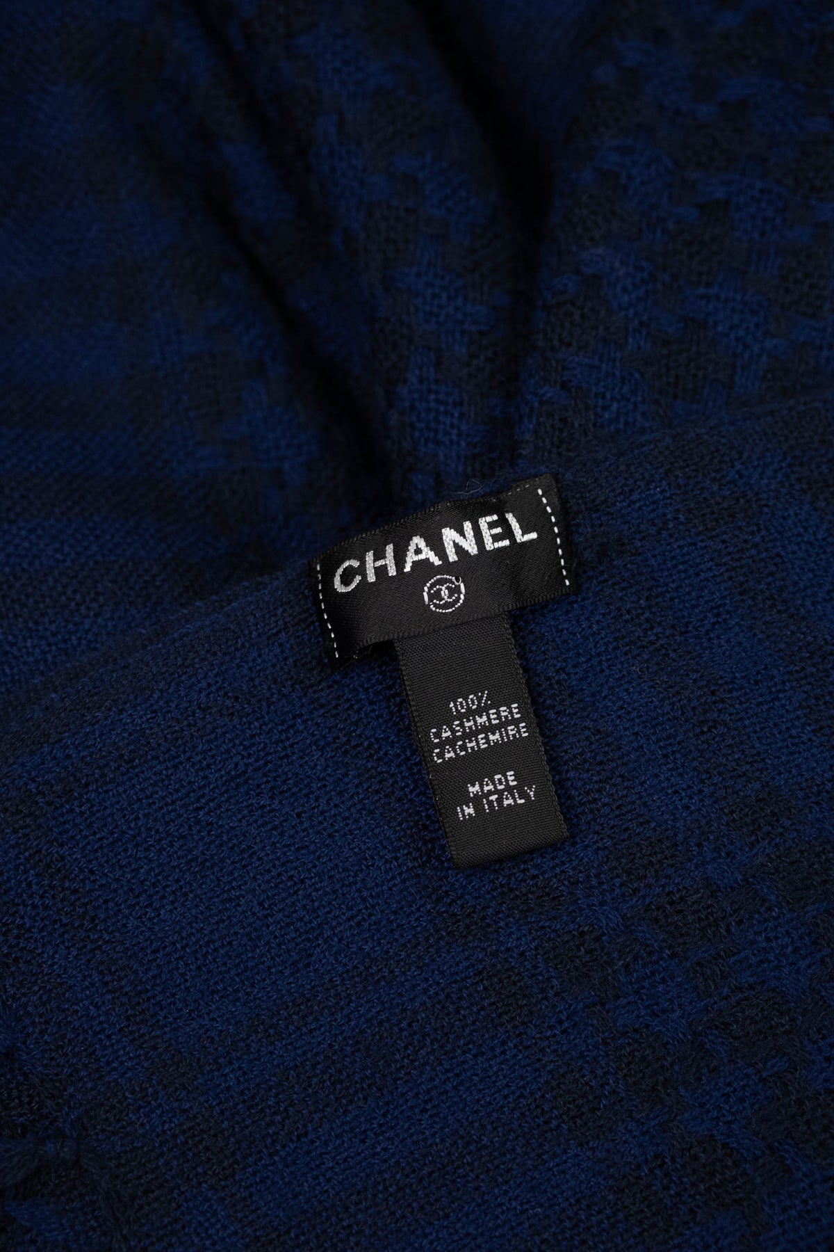 Chanel Navy Blue Cashmere Fringed Oblong Scarf